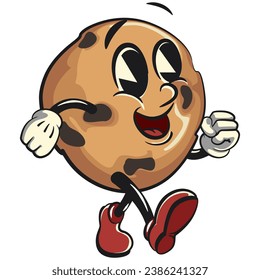 un par vintage de mascotas de choco chips personajes de galletas con caras lindas caminando mientras sonríen ampliamente, aislado dibujo vectorial de dibujos animados. emoticono, linda mascota de chips de choco vintage