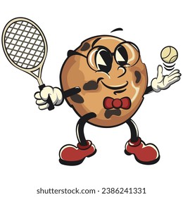 un par de mascotas vintage de choco chips personajes de galletas con caras graciosas jugando al tenis con pelota y raqueta, ilustración aislada del vector de dibujos animados. emoticono, linda mascota de chips de choco vintage