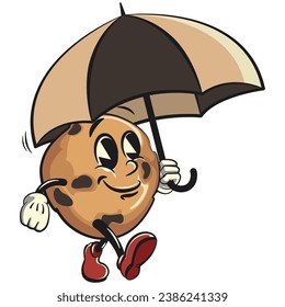 vintage mascot pair of choco chips cookie characters with funny faces walking with umbrella, isolated cartoon vector illustration. emoticon, cute vintage choco chips cookie mascot