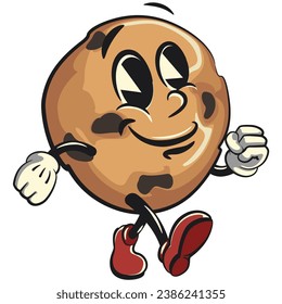 vintage mascot pair of choco chips cookie characters with cute faces walking with a confident smile, isolated cartoon vector illustration. emoticon, cute vintage choco chips cookie mascot