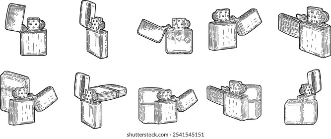 Vintage match lighter engraving style hand drawn illustration vector set