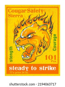 Vintage Matchbox Illustration Of Flaming Puma With Slogans And Wordings