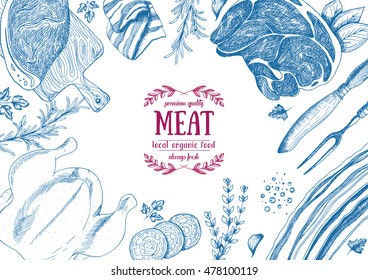 Vintage-Fleischrahmen. Vektorgrafik. Lineares Grafikdesign. Handgezeichnete Abbildung. Design-Vorlage für Fleisch.