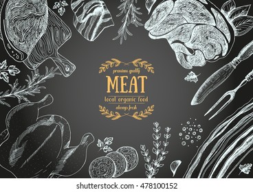 Vintage meat  frame. Vector illustration. Linear graphic design. Hand drawn illustration. Meat design template.