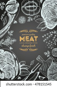 Vintage meat frame. Vector illustration. Linear graphic design. Hand drawn illustration. Meat design template.