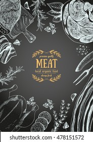 Vintage meat frame. Vector illustration. Linear graphic design. Hand drawn illustration. Meat design template.