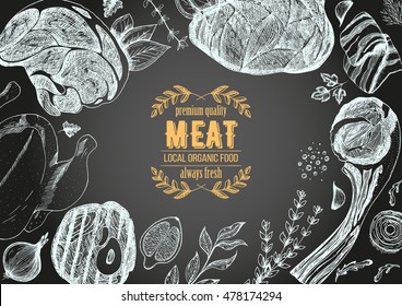 Vintage meat frame. Vector illustration. Linear graphic design. Hand drawn illustration. Meat design template.