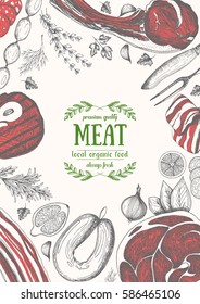 Vintage meat frame. Vector illustration. Linear graphic design. Hand drawn illustration. Meat design template.