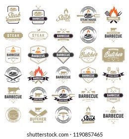 Vintage meat logos, badges, labels and design elements. set of vintage steak house logos. retro styled grill restaurant emblems, badges, design elements, logotype templates. vector illustration