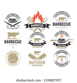 Vintage meat logos, badges, labels and design elements. set of vintage steak house logos. retro styled grill restaurant emblems, badges, design elements, logotype templates. vector illustration