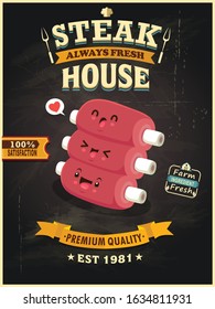 Vintage Meat poster design with vector ribs character. 