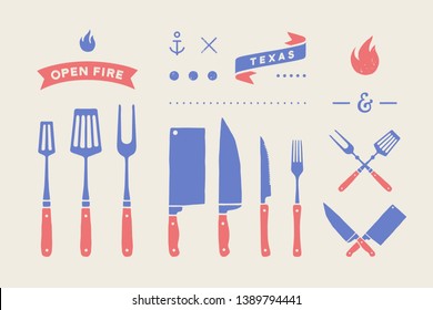 Vintage meat set. Set of meat cutting knive, fork, old school graphic elements, fire icon, grill and barbecue tools. Butcher and BBQ supplies, knife, grill fork for meat themes. Vector Illustration