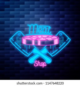 Vintage meat store emblem glowing neon sign