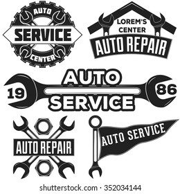 Vintage mechanic auto service repair label, emblem and logo. Vector illustration.  Car service, fix. Monochrome auto repair car service logo for invitations, projects, cards, prints, etc.