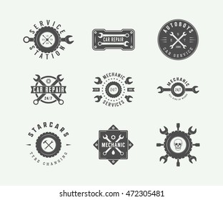 Vintage mechanic and car service logos, emblems, badges, labels, marks, prints and posters. Vector Illustration.

