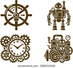 Vintage mechanical designs featuring a ship's wheel, robot, clock, and steam engine
