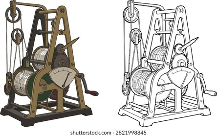 Vintage mechanical device with pulleys gears and a gauge
