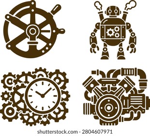 Vintage mechanical illustrations featuring a ship's wheel, robot, clock, and engine design