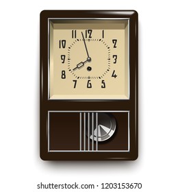 Vintage mechanical wall pendulum clock. Rectangular shape of body. Vector illustration.