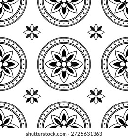 Paleta monocromática de padrão de azulejo sem costura vintage em fundo branco ideal para projetos minimalistas conceito como Criando padrão de azulejo sem costura com motivos de medalhão vintage em paleta monocromática em fundo branco para projetos minimalistas em Photo Stock Concept e espaço vazio no lado esquerdo, sem texto —ar 7:2 —azulejo