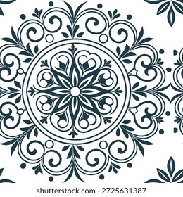 Medallón de Antiguas patrón de baldosas sin costura intrincado scrollwork sobre fondo blanco ideal para interiores adornados concepto como la creación de patrón de baldosas sin costuras con medallón vintage y scrollwork intrincado sobre fondo blanco para interiores adornados en Foto de archivo Concepto y espacio vacío en el lado izquierdo, sin texto --ar 7:2 --tile