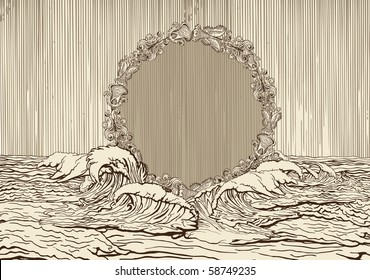 Vintage medallion surrounded bye water waves