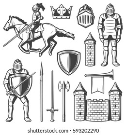 Vintage-mittelalterliche Elemente mit stehenden Reitritten und Reitritten in Rüstung und Schutzschildkrötenfestung einzeln auf Vektorgrafik