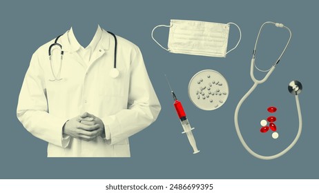 Collage médico y sanitario de Antiguas aislado, coloreado en tono monocromo amarillo sobre fondo azul oscuro. Ilustración vectorial