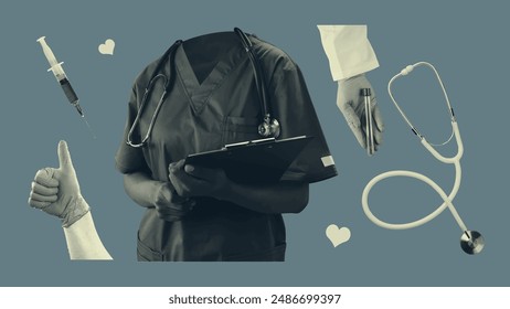 Vintage medical and healthcare collage isolated, colored in yellow monochrome tone on dark blue background. Vector illustration