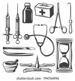 Vintage Medical Icons Collection With Syringes Doctor Bag Stethoscope Hourglass Mortar Bottle Scales Surgical Instruments Isolated Vector Illustration