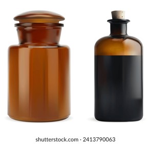 Vintage medicine bottle. Old brown glass antique vial. Chemistry solution flask blank from chemical laboratory. Cork stopper amber glass bottle for poison, medical liquid treatment
