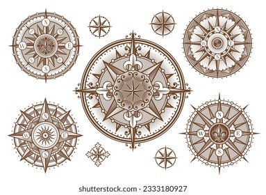 Vintage medieval antiguo eólica rosa brújula grabados con sol y estrellas. Vector antiguos cortes de brújula con flechas ornamentales del norte, este, oeste, sur, victoriano fleur-de-lis y rollos