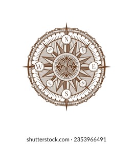 Vintage Medieval antique wind rose compass with marine navigation vector arrows. Retro wind rose compass with north, east, west and east star direction for nautical cartography and ship sailing