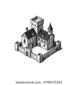 Vintage medieval castle vector illustration, hand drawn stone fortress with towers, isometric middle ages architecture for gaming and history.