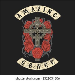 vintage medieval colors cross and hoof with roses background line art vector ilustration