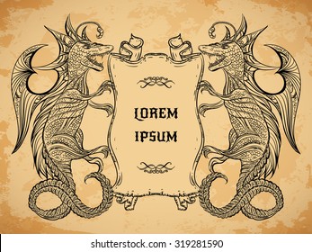 Vintage medieval dragon and ribbon banner on aged paper background. Retro highly detailed hand drawn illustration. Tattoo design, retro invitation,card, print, t-shirt, postcard, poster.