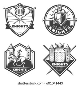 Vintage medieval emblems set with swords shield castle and knight in steel armor riding horse isolated vector illustration