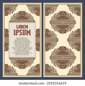 Vintage medieval floral decorative template featuring Balinese and Javanese mythological Barong mask, wayang inspired patterns, and Indonesian ornaments. Perfect for covers, labels, and invitations.