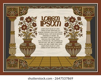 Vintage medieval floral vase frame with birds in Mughal Asian style. Ideal for certificates, invitations, cards, wallpaper, or textile prints. Decorative, elegant, and culturally inspired design.