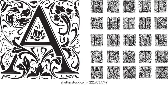 Vintage medieval font, alphabet, vector set of hand drawn decorative alphabet initial letters. Luxury beautiful royal font design for card, invitation, monogram.