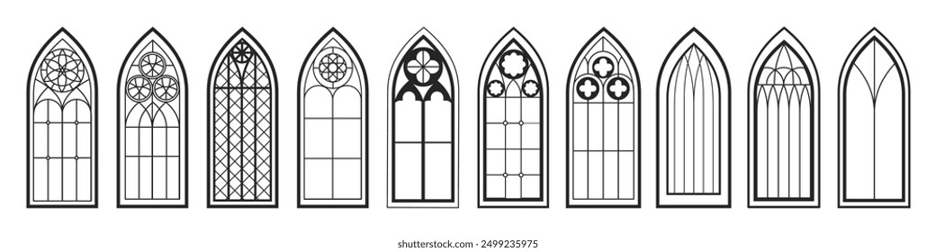 Vintage medieval gothic window frames with mosaic. Vector isolated set of monochrome colorless architectural elements for cathedrals or exterior, facade of catholic churches, construction art