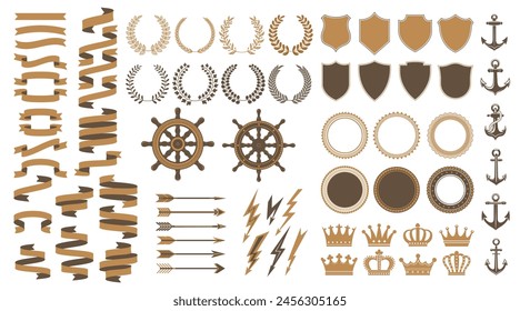 Vintage Medieval heraldic elements and royal marine heraldry, vector laurels and crowns. Heraldic icons of ship helm with anchor and shield with arrow, lightning and ribbon for heraldry badge seals