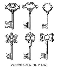 Vintage medieval keys, antique chaves vector illustration. Filigree key for access and open door