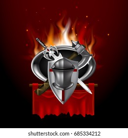 Vintage medieval logo designed in game style with fire background. 3d vector image.