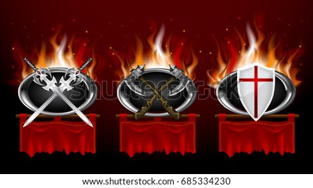 Vintage medieval logo set designed in game style with fire background. 3d vector image.