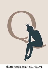 Vintage medieval queen silhouette. Vector Illustration. Fashion branding emblem. Royal emblem with Q letter. Sad woman is sitting on a symbol. Human emotions and relationships