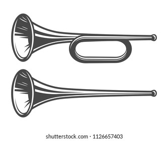 Vintage medieval trumpets template in monochrome style isolated vector illustration