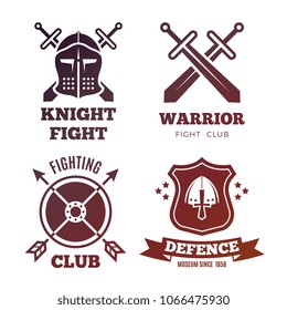 Vintage medieval warrior emblems isolated on white background. Vector illustration