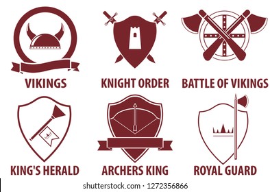 Vintage medieval warrior emblems isolated on white background. Viking, knight, king medieval labels. Vector illustration.