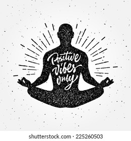 Vintage Meditation apparel print, textured t-shirt design, human silhouette and sun rays, vector illustration